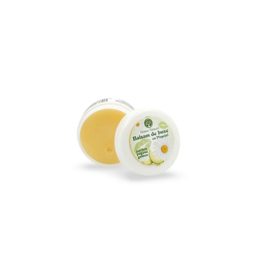 Borcan cosmetic cu balsam de buze cu mușețel și parfum de pepene galben, Herbal Therapy.
