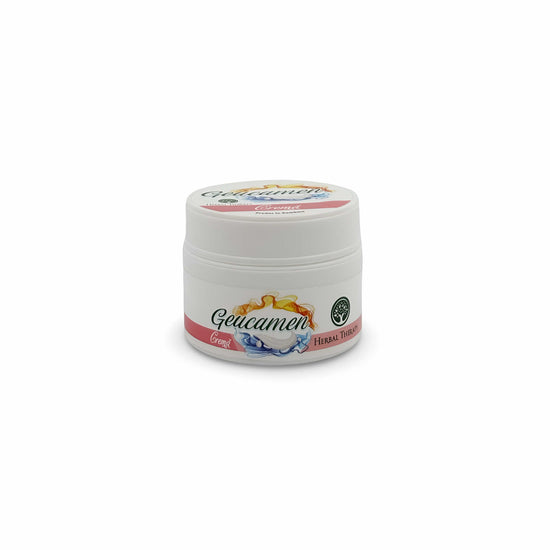 Borcan cosmetic de cremă Geucamen, Herbal Therapy, văzut din față, capac închis.