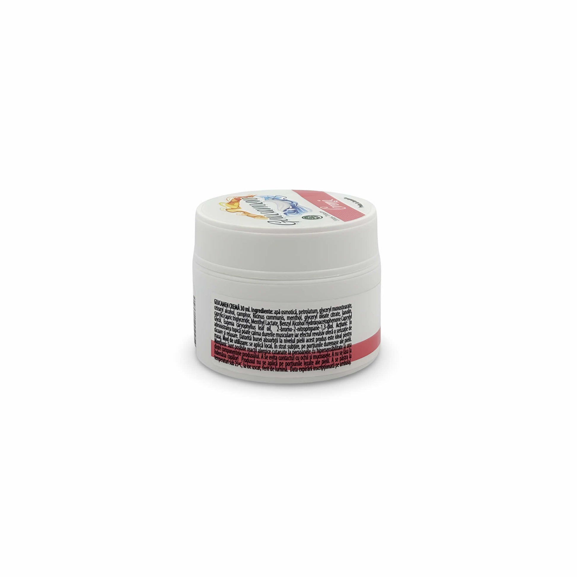 Spatele borcanului cosmetic de cremă Geucamen, Herbal Therapy, 30 ml, cu detalii despre ingrediente.
